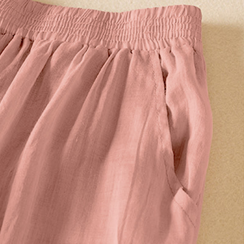 Buddha Stones Summer Plain Casual Cropped Pants Women's Double Layer Cotton Linen Harem Pants With Pockets - image 6