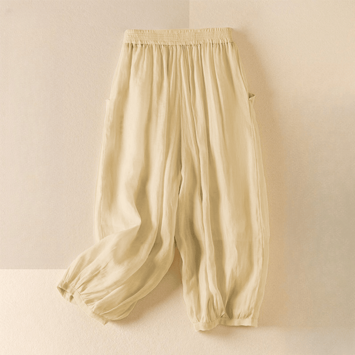 Buddha Stones Summer Plain Casual Cropped Pants Women's Double Layer Cotton Linen Harem Pants With Pockets - image 10
