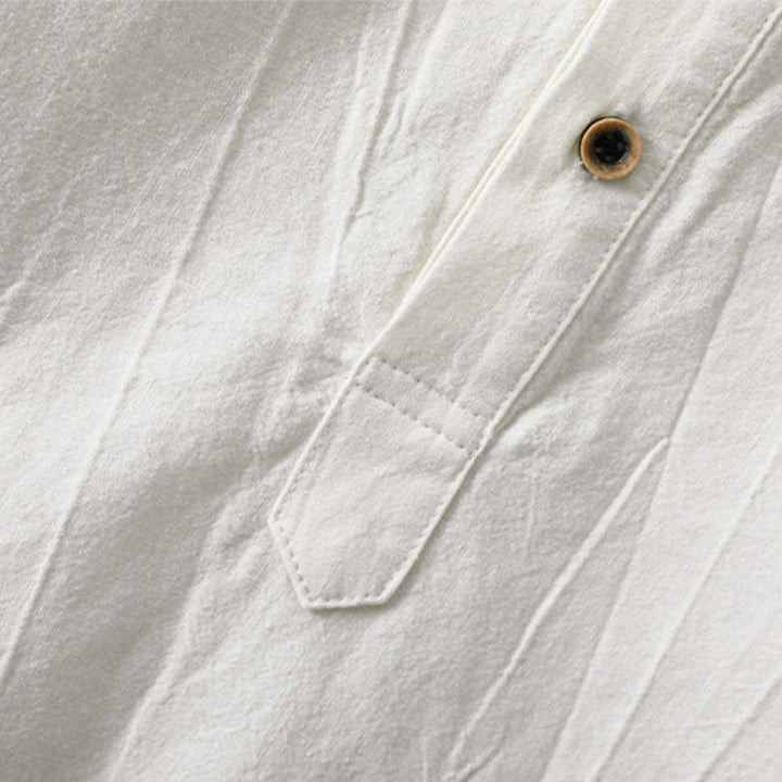 Buddha Stones Plain Pleats Half Buttons Design Stand Collar Men's Long Sleeve Cotton Linen Shirt - image 8