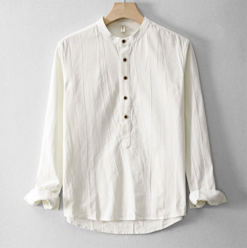 Buddha Stones Plain Pleats Half Buttons Design Stand Collar Men's Long Sleeve Cotton Linen Shirt - FloralWhite - US/UK/AU44，EU54 (4XL) - image 6