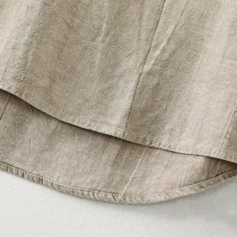 Buddha Stones Plain Pleats Half Buttons Design Stand Collar Men's Long Sleeve Cotton Linen Shirt - image 5