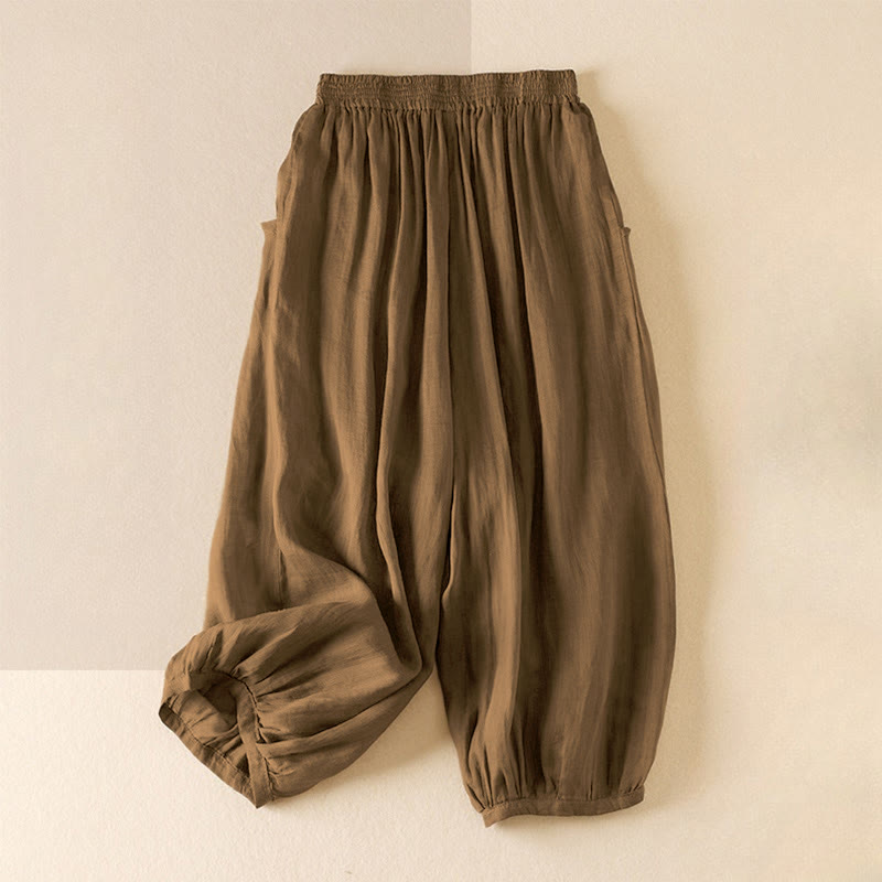 Buddha Stones Summer Plain Casual Cropped Pants Women's Double Layer Cotton Linen Harem Pants With Pockets - image 22