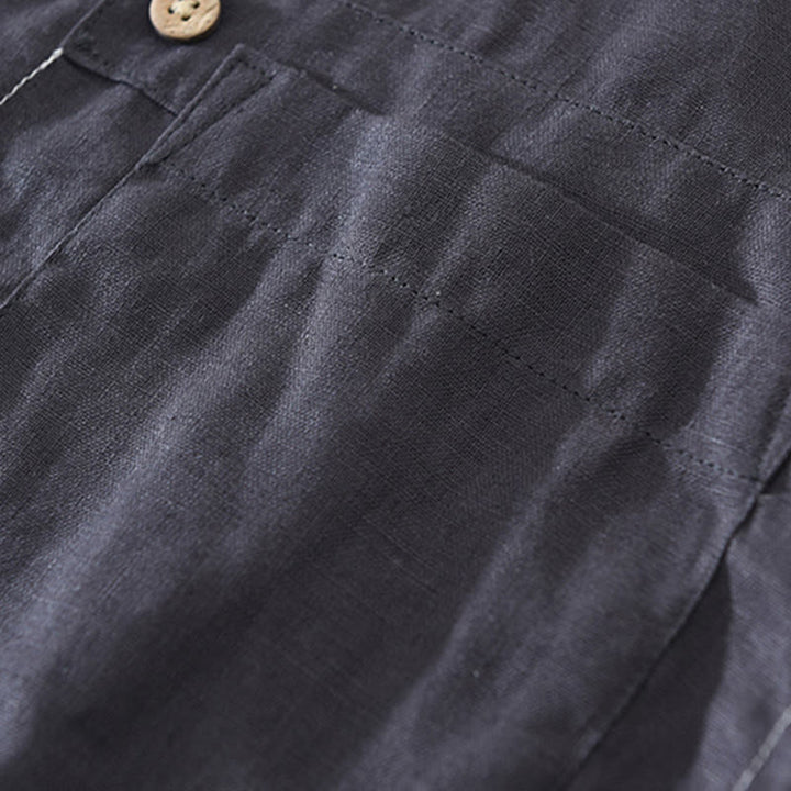 Buddha Stones Summer Half Buttons Design Lapel Men's Short Sleeve Linen Shirt With Pocket - image 9