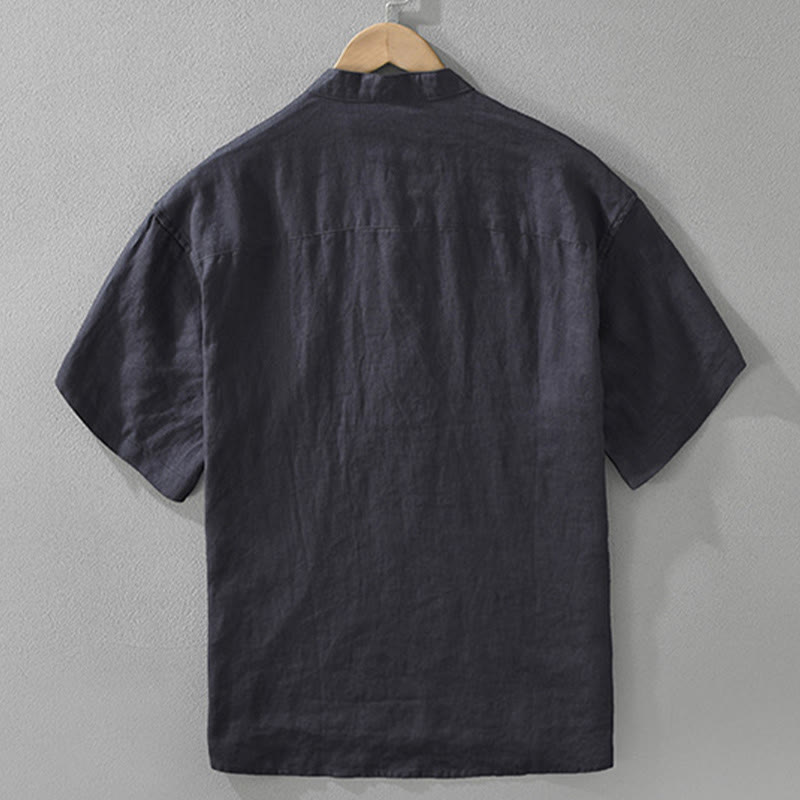 Buddha Stones Summer Half Buttons Design Lapel Men's Short Sleeve Linen Shirt With Pocket - image 4