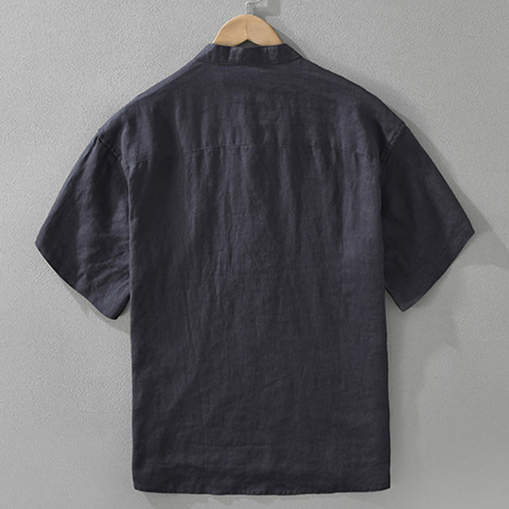 Buddha Stones Summer Half Buttons Design Lapel Men's Short Sleeve Linen Shirt With Pocket - image 4