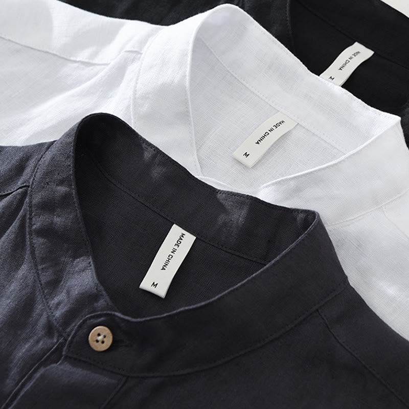 Buddha Stones Summer Half Buttons Design Lapel Men's Short Sleeve Linen Shirt With Pocket - image 15