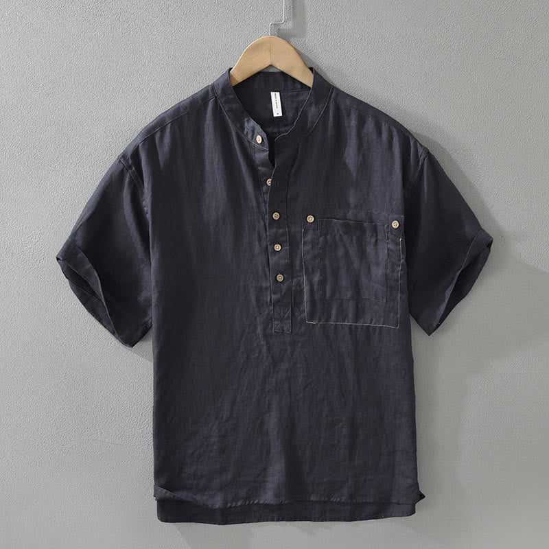 Buddha Stones Summer Half Buttons Design Lapel Men's Short Sleeve Linen Shirt With Pocket - MidnightBlue - US/UK/AU42，EU52 (3XL) - image 3