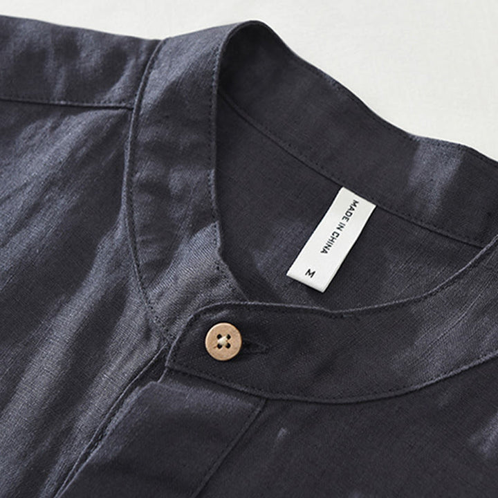 Buddha Stones Summer Half Buttons Design Lapel Men's Short Sleeve Linen Shirt With Pocket - image 5