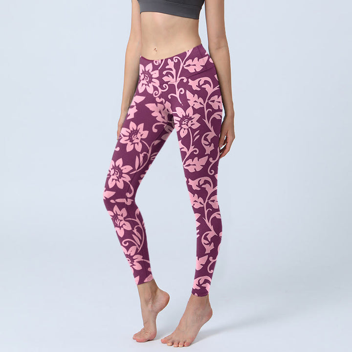 Buddha Stones Pink Sunflowers Print Gym Leggings Women's Yoga Pants - MediumVioletRed - US18，UK/AU22，EU50 (4XL) - image 0
