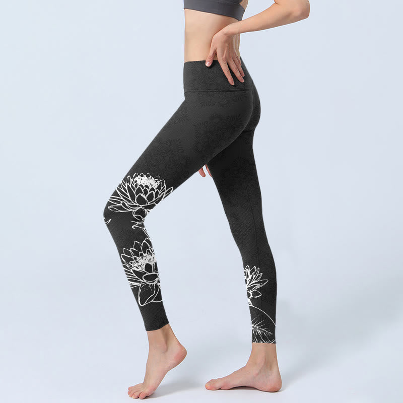 Buddha Stones White Sketch Lotus Flowers Leaves Print Gym Leggings Women's Yoga Pants - image 2