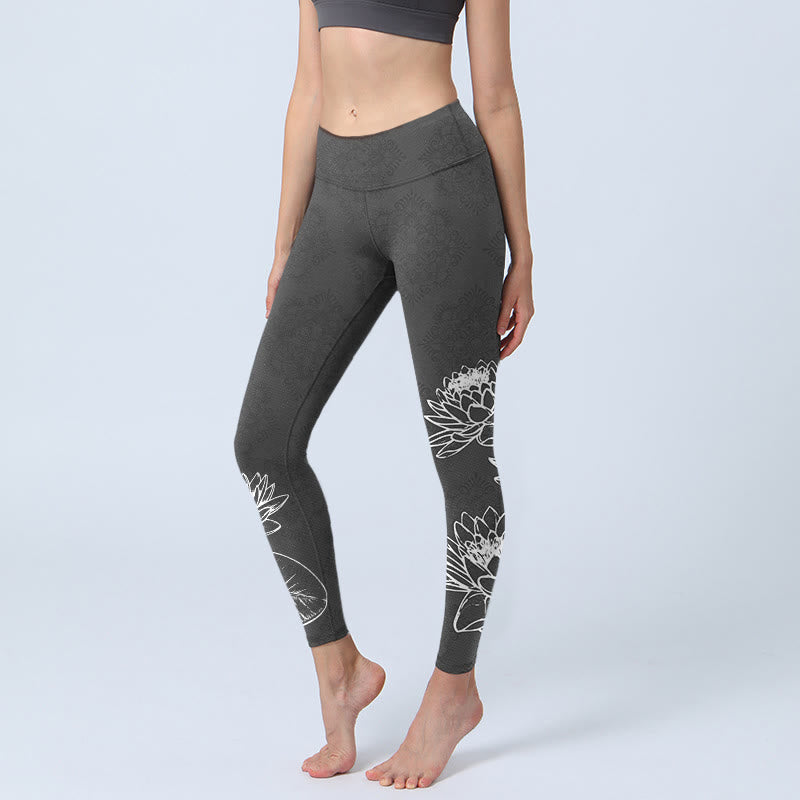 Buddha Stones White Sketch Lotus Flowers Leaves Print Gym Leggings Women's Yoga Pants - Black - US18，UK/AU22，EU50 (4XL) - image 0