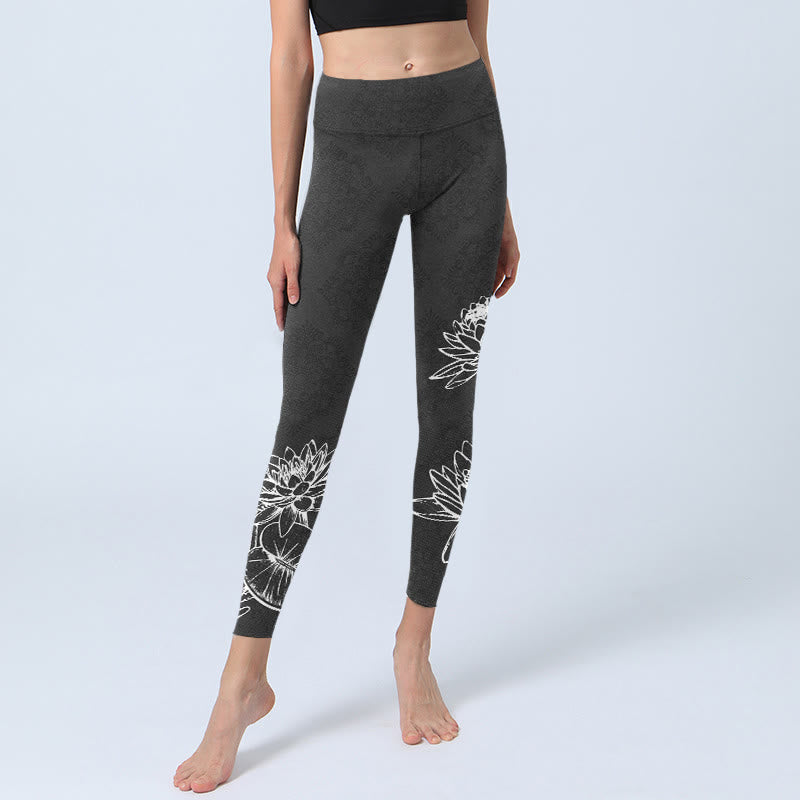 Buddha Stones White Sketch Lotus Flowers Leaves Print Gym Leggings Women's Yoga Pants - image 5