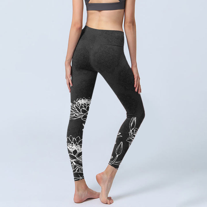 Buddha Stones White Sketch Lotus Flowers Leaves Print Gym Leggings Women's Yoga Pants - image 4
