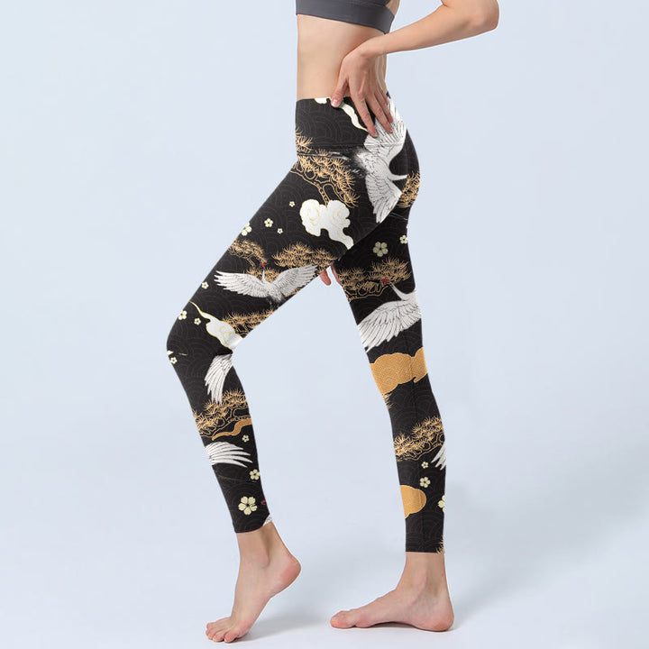 Buddha Stones White Red-crowned Cranes Golden Pine Trees Print Gym Leggings Women's Yoga Pants - image 2
