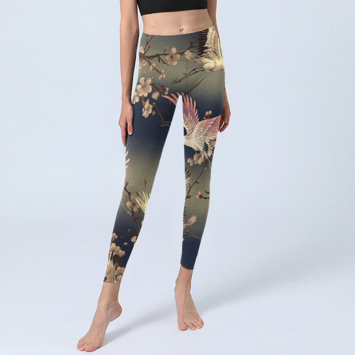 Buddha Stones White Crane White Blossoming Branch Print Gym Leggings Women's Yoga Pants - image 5