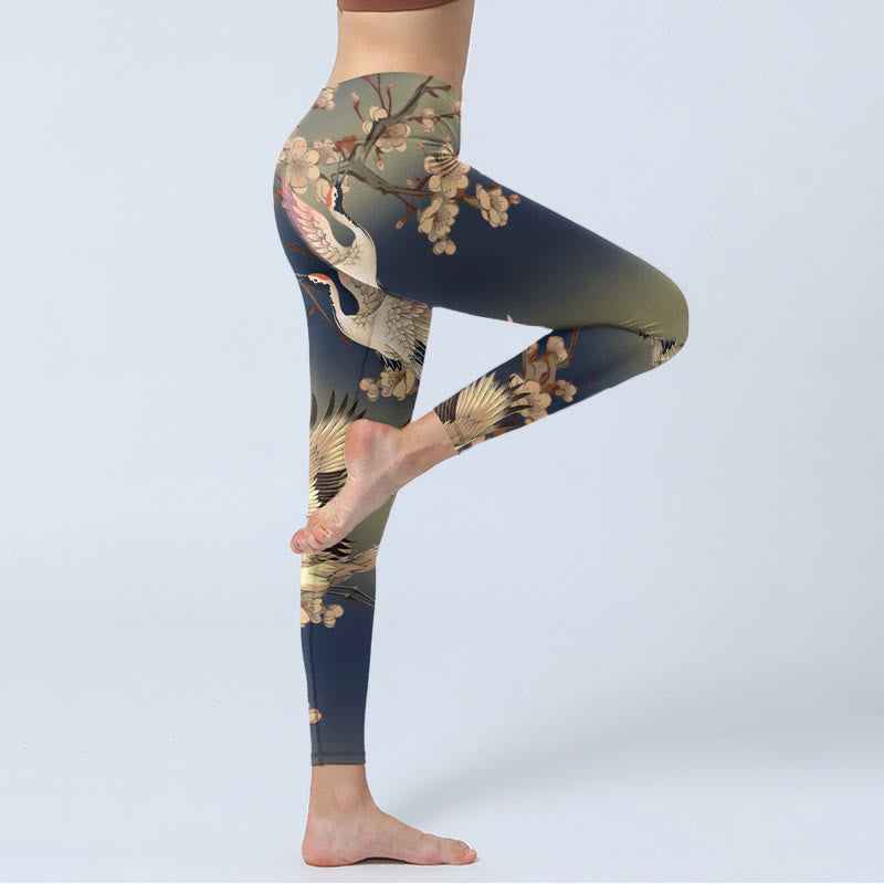 Buddha Stones White Crane White Blossoming Branch Print Gym Leggings Women's Yoga Pants - image 3