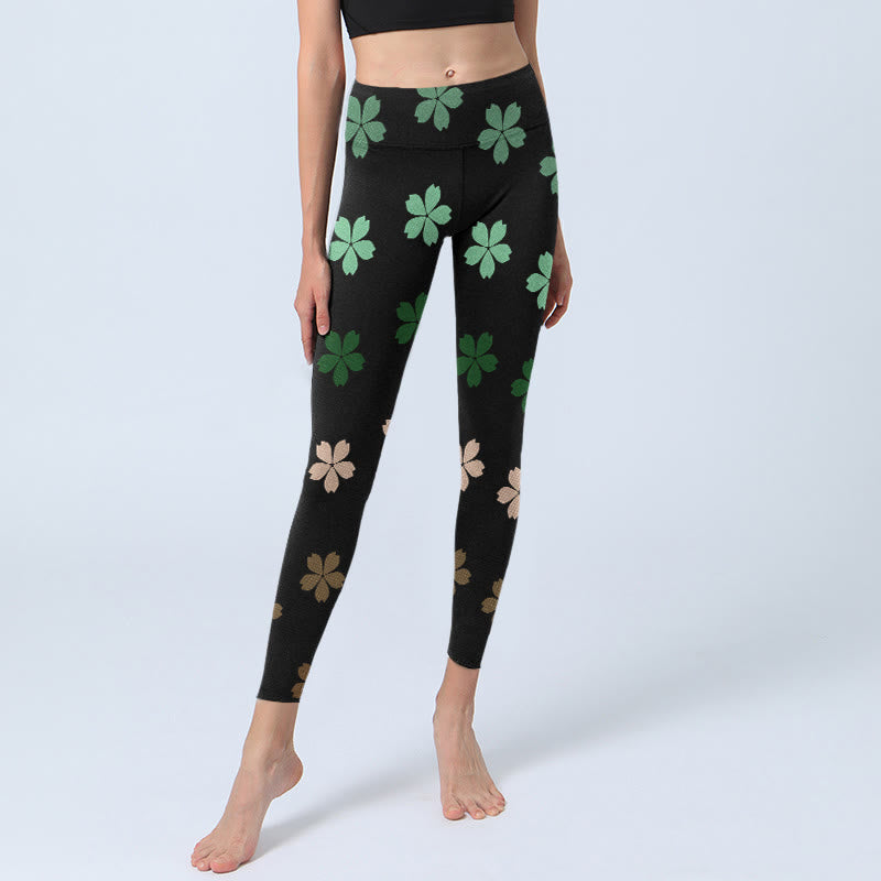 Buddha Stones Green Pink Five-petal Flowers Print Gym Leggings Women's Yoga Pants - image 5