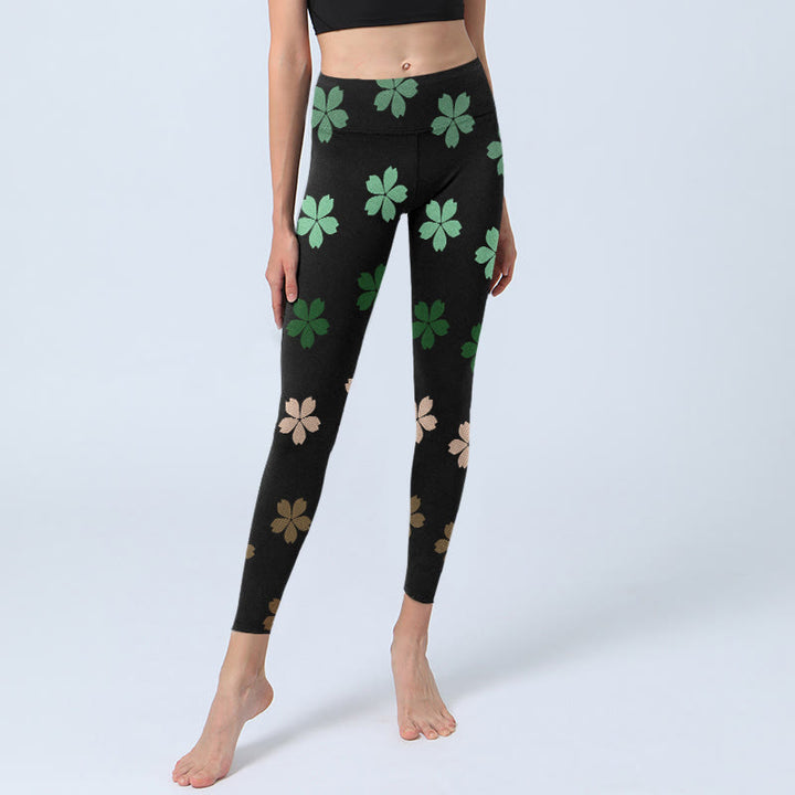 Buddha Stones Green Pink Five-petal Flowers Print Gym Leggings Women's Yoga Pants - image 5