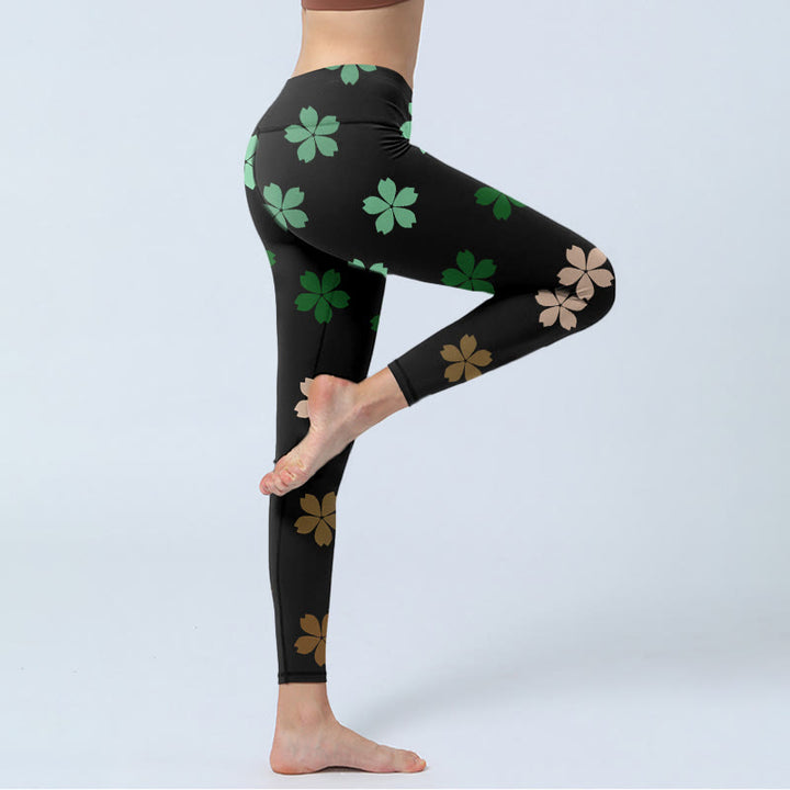 Buddha Stones Green Pink Five-petal Flowers Print Gym Leggings Women's Yoga Pants - image 3