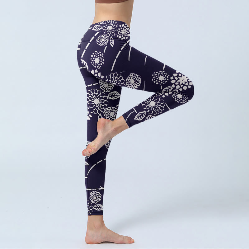 Buddha Stones White Sketch Chrysanthemums Print Gym Leggings Women's Yoga Pants - image 3