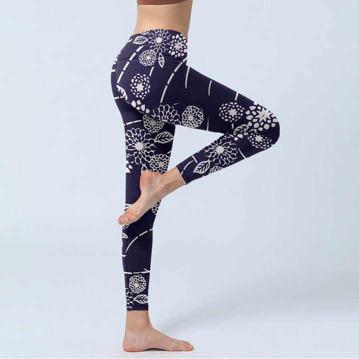 Buddha Stones White Sketch Chrysanthemums Print Gym Leggings Women's Yoga Pants - image 3