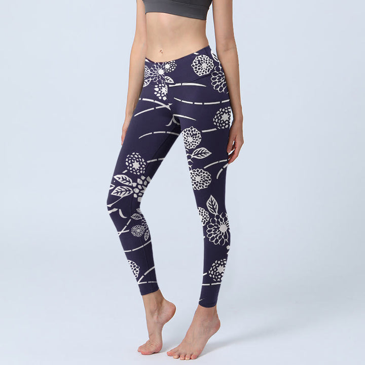 Buddha Stones White Sketch Chrysanthemums Print Gym Leggings Women's Yoga Pants - Black - US18，UK/AU22，EU50 (4XL) - image 0