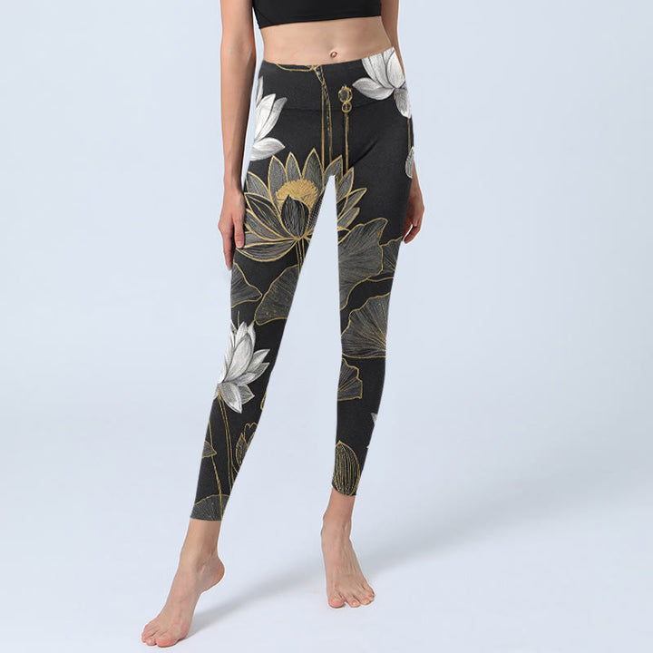 Buddha Stones White Golden Lotus Leaves Print Gym Leggings Women's Yoga Pants - image 5