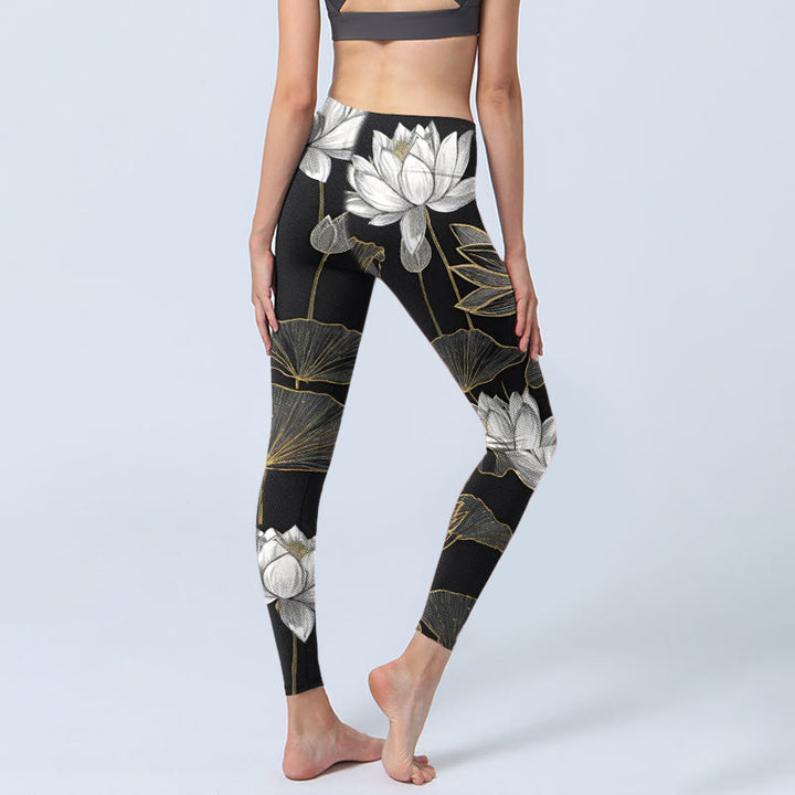 Buddha Stones White Golden Lotus Leaves Print Gym Leggings Women's Yoga Pants - image 4