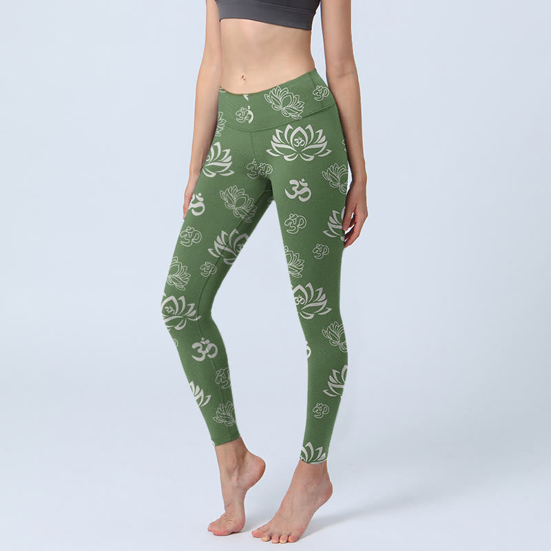 Buddha Stones Lotus Flower OM Symbol Print Gym Leggings Women's Yoga Pants - DarkSeaGreen - US18，UK/AU22，EU50 (4XL) - image 0
