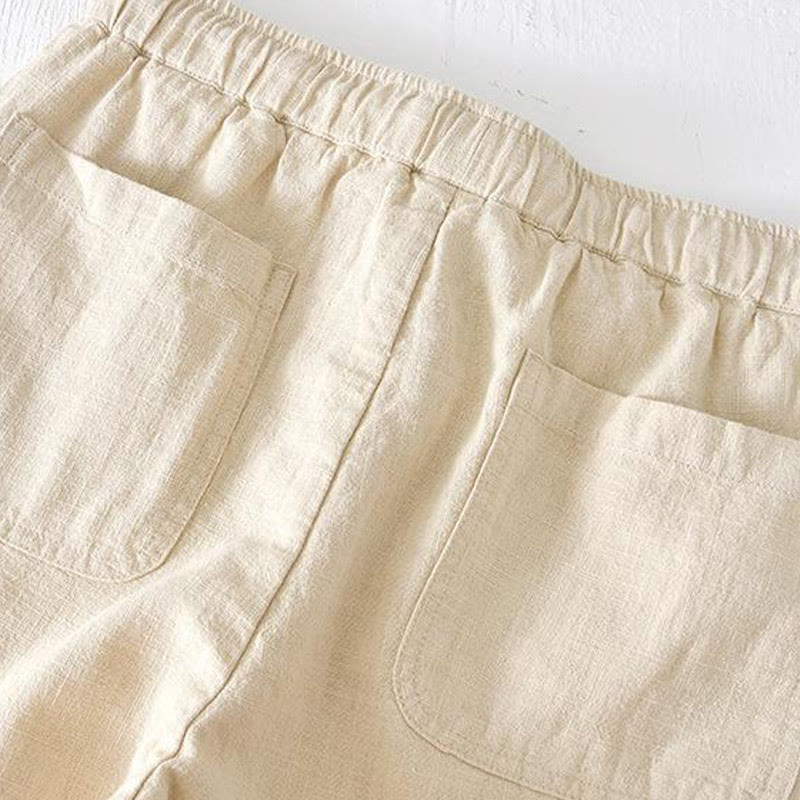 Buddha Stones Summer Solid Color Drawstring Elastic Waist Men's Cotton Linen Shorts With Pockets - image 2