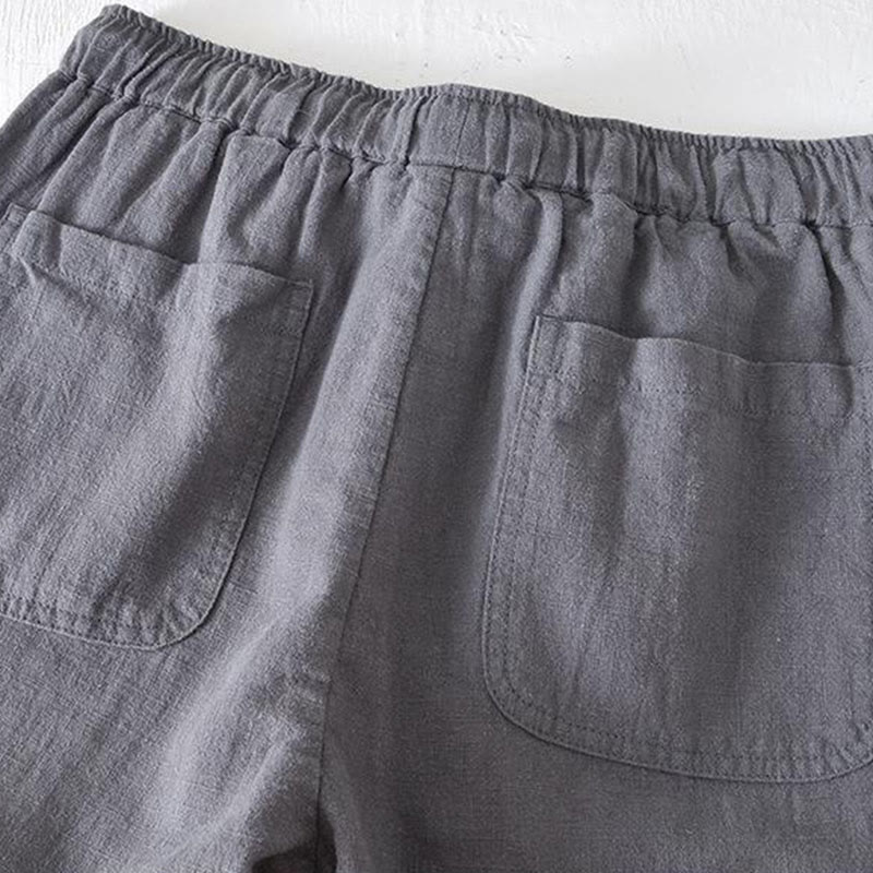Buddha Stones Summer Solid Color Drawstring Elastic Waist Men's Cotton Linen Shorts With Pockets - image 18