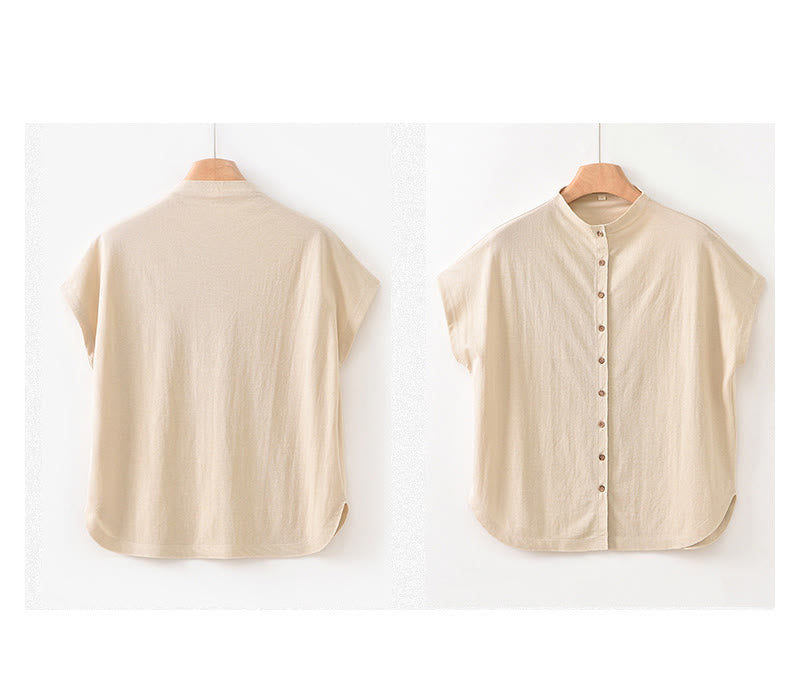 Buddha Stones Vintage Buttons Design Stand Collar Cotton Short Sleeve Women's Shirt - image 21