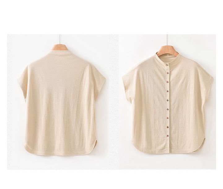 Buddha Stones Vintage Buttons Design Stand Collar Cotton Short Sleeve Women's Shirt - image 21