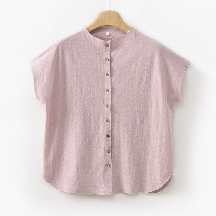 Buddha Stones Vintage Buttons Design Stand Collar Cotton Short Sleeve Women's Shirt - Pink - US8-10，UK/AU12-14，EU40-42 (2XL) - image 22