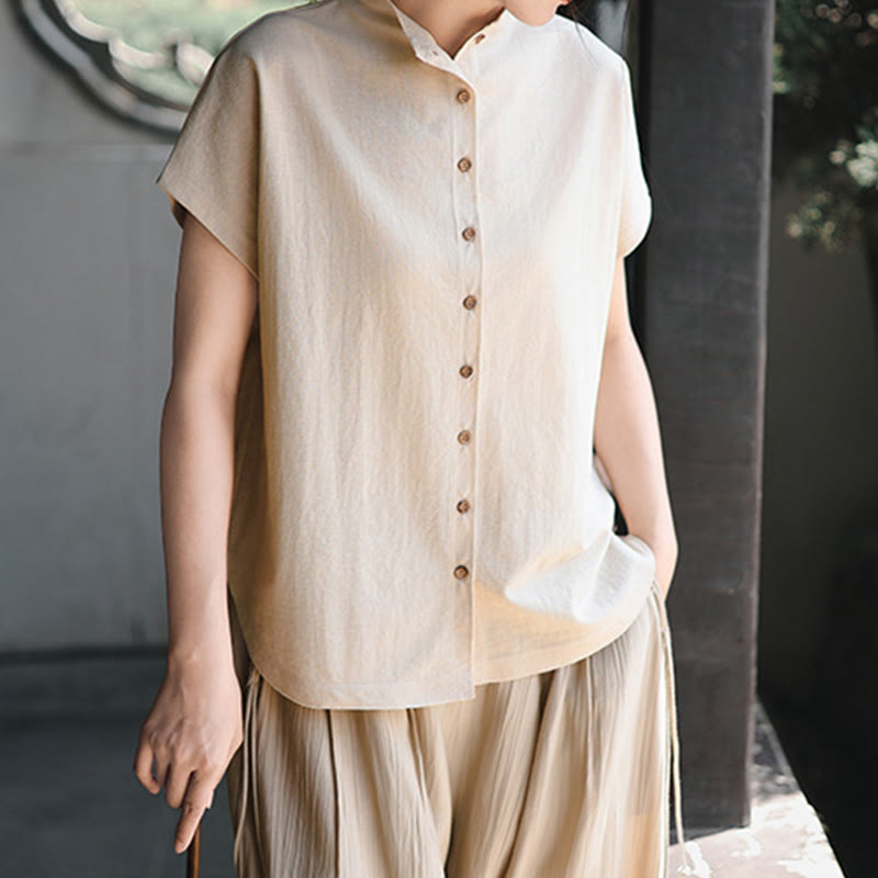 Buddha Stones Vintage Buttons Design Stand Collar Cotton Short Sleeve Women's Shirt - image 11