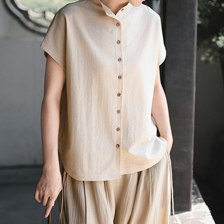 Buddha Stones Vintage Buttons Design Stand Collar Cotton Short Sleeve Women's Shirt - image 11