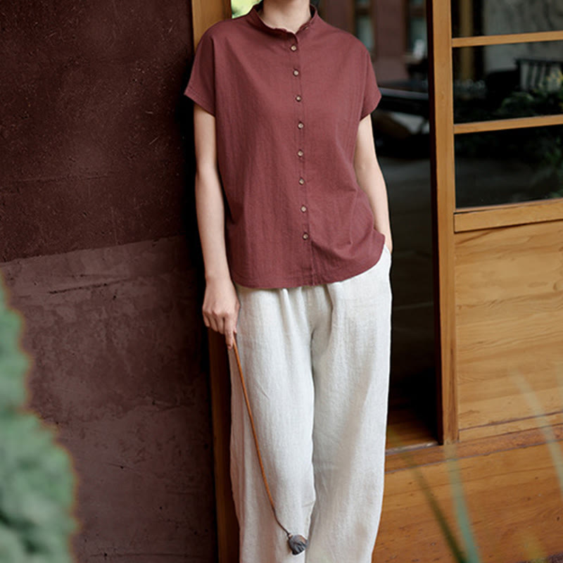 Buddha Stones Vintage Buttons Design Stand Collar Cotton Short Sleeve Women's Shirt - image 7