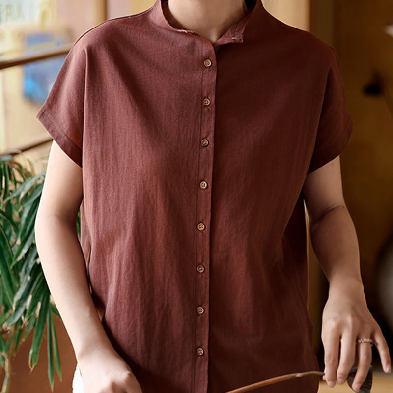 Buddha Stones Vintage Buttons Design Stand Collar Cotton Short Sleeve Women's Shirt - Brown - US8-10，UK/AU12-14，EU40-42 (2XL) - image 0