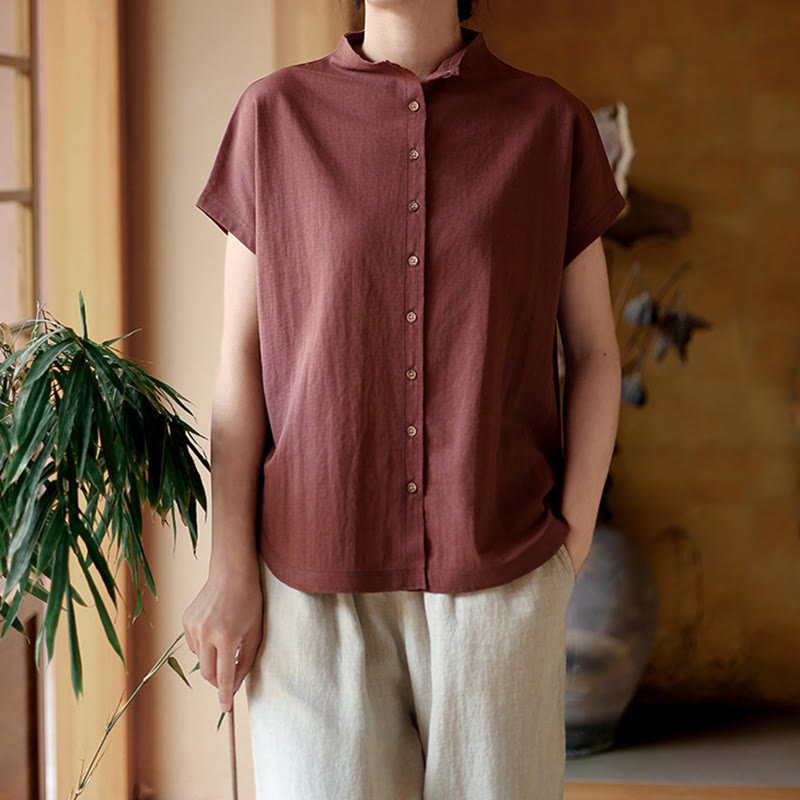 Buddha Stones Vintage Buttons Design Stand Collar Cotton Short Sleeve Women's Shirt - image 3