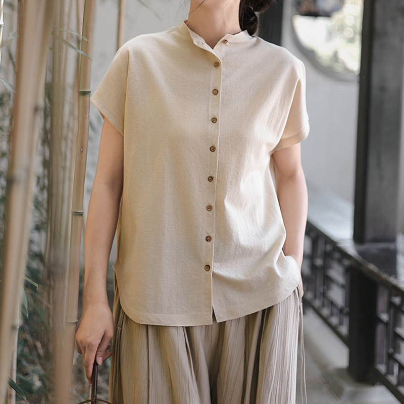 Buddha Stones Vintage Buttons Design Stand Collar Cotton Short Sleeve Women's Shirt - image 9