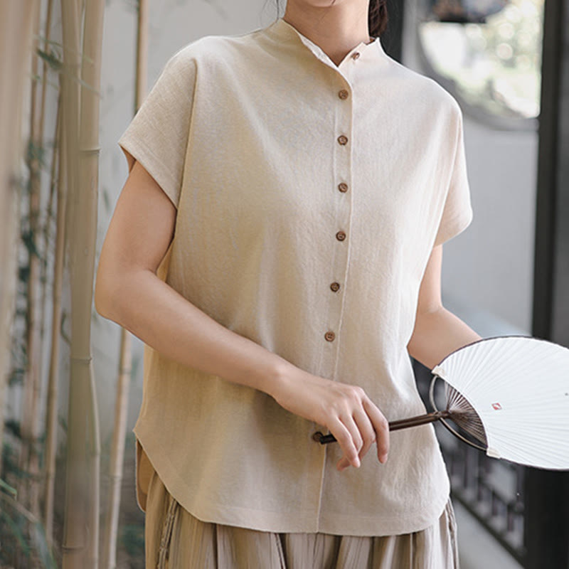 Buddha Stones Vintage Buttons Design Stand Collar Cotton Short Sleeve Women's Shirt - Linen - US8-10，UK/AU12-14，EU40-42 (2XL) - image 9