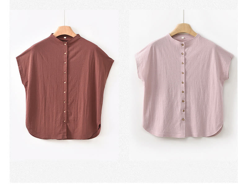 Buddha Stones Vintage Buttons Design Stand Collar Cotton Short Sleeve Women's Shirt - image 23