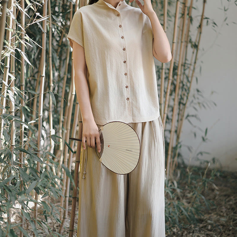 Buddha Stones Vintage Buttons Design Stand Collar Cotton Short Sleeve Women's Shirt - image 16