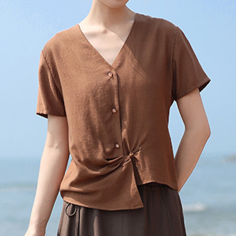 Buddha Stones Button Irregular Design V-Neck Cotton Linen Women's Short Sleeve Shirt - image 2