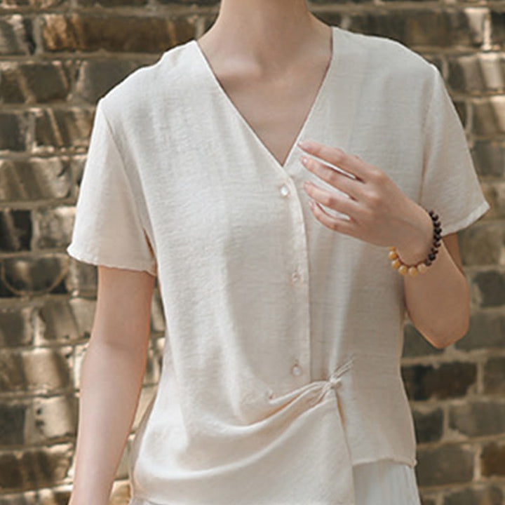 Buddha Stones Button Irregular Design V-Neck Cotton Linen Women's Short Sleeve Shirt - image 11