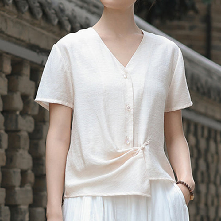 Buddha Stones Button Irregular Design V-Neck Cotton Linen Women's Short Sleeve Shirt - image 10