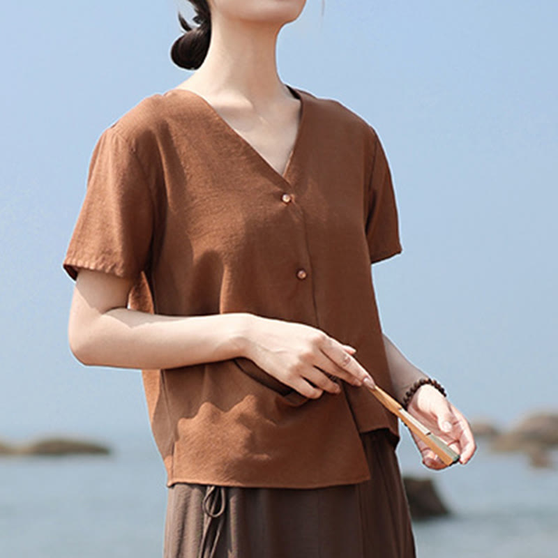 Buddha Stones Button Irregular Design V-Neck Cotton Linen Women's Short Sleeve Shirt - Chocolate - US8-10，UK/AU12-14，EU40-42 (2XL) - image 0