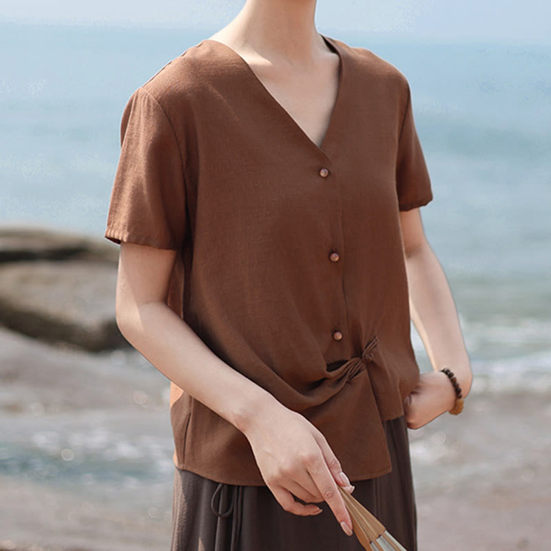 Buddha Stones Button Irregular Design V-Neck Cotton Linen Women's Short Sleeve Shirt - image 5