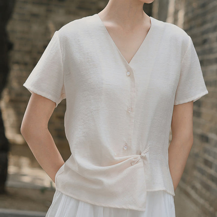 Buddha Stones Button Irregular Design V-Neck Cotton Linen Women's Short Sleeve Shirt - image 13