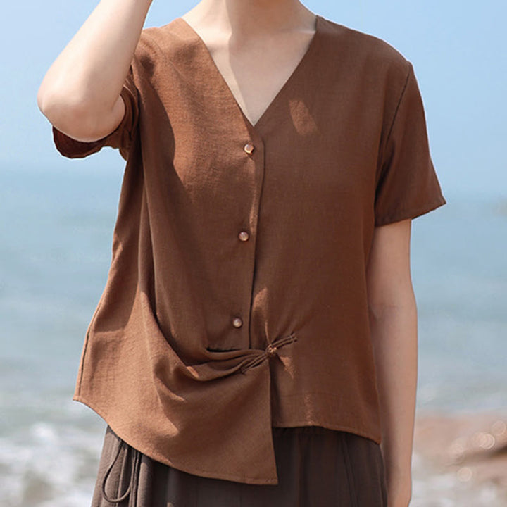 Buddha Stones Button Irregular Design V-Neck Cotton Linen Women's Short Sleeve Shirt - image 6